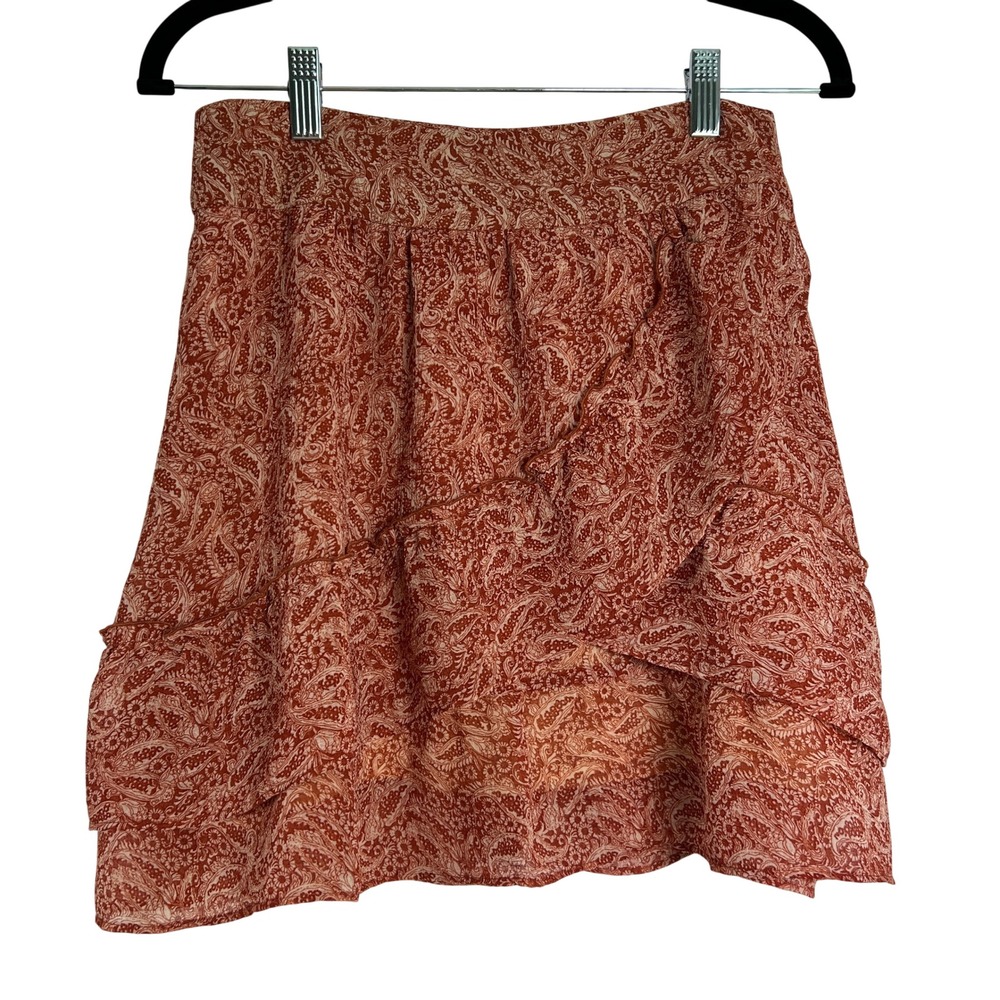 Sezane Carolina Skirt Paisley Ruffle Mini Rust Boho Parisian Cottage Sz 38 US 6